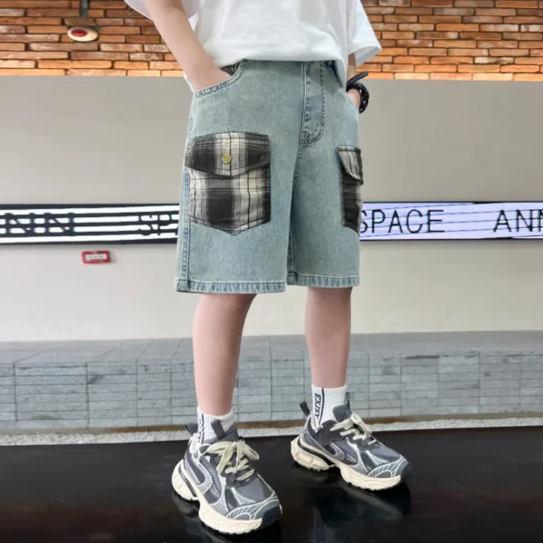 2025 New Kids Child Unique Designer Summer Denim Shorts with Plaid Pocket for Teens Boy Casual Jeans Cargo Shorts 5 7 9 11 13 14 - Image 6