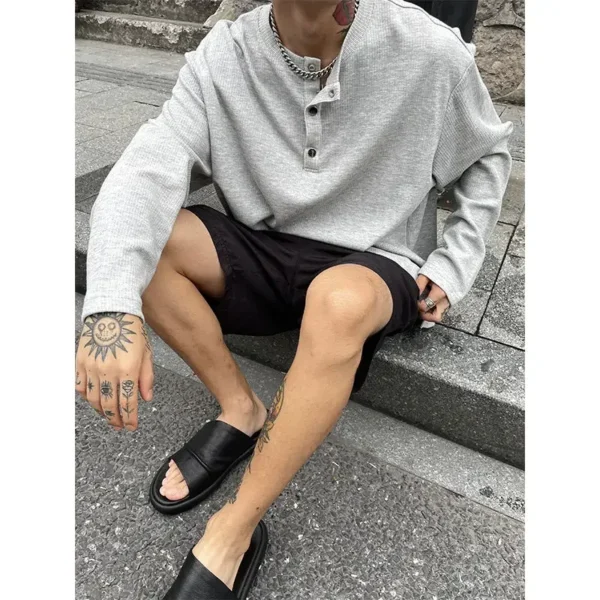 New Men's Loose Long Sleeve T-Shirt Brand Clothes Textured Pleated Miyake Button Placket Henley Collar Plus Size Men Clothe - Image 2