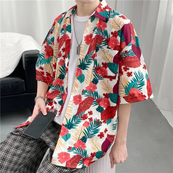 Summer Fashion Mens Hawaiian Shirt Male Casual Loose Colorful Floral Printed Beach Shirts Short Sleeve Button Tops Holiday Wear