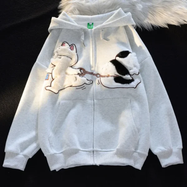 Women Cute Clothing Teens Loose Hooded Sweatshirt Animal Embroidery Zip Up Hoodie Fashion High Street Hip Hop Flocking Hoodies