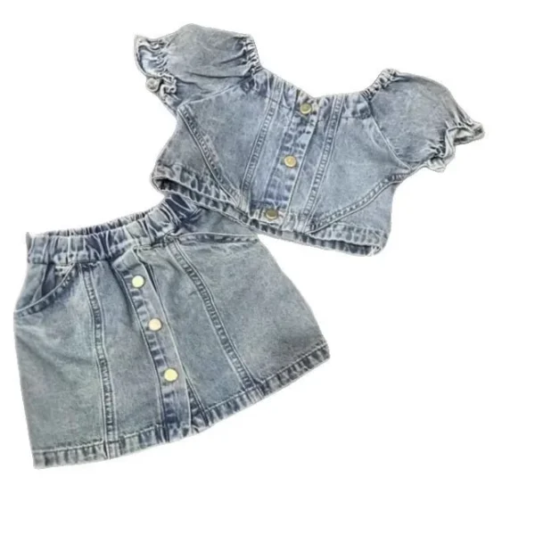 Girls Denim Set New Fashion Bubble Sleeve Denim Short Top A-line Skirt Two Piece Set 2025 Summer New Children Clothing - Image 4