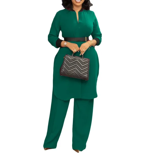 African Clothes Women Summer African Women Long Sleeve Red Blue Green Two Pieces Sets Top and Pant African Suit with Belt