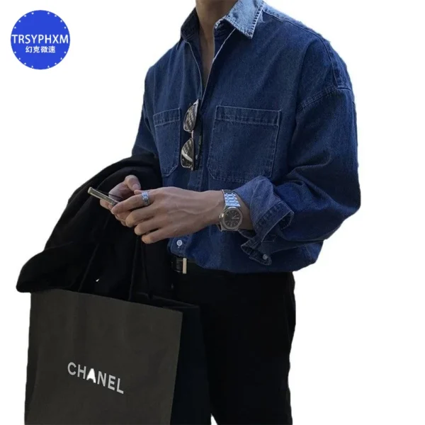 TRSYPHXM new Blue men's denim long sleeved shirt for a high-end look, paired with a British yuppie shirt and autumn coat - Image 5