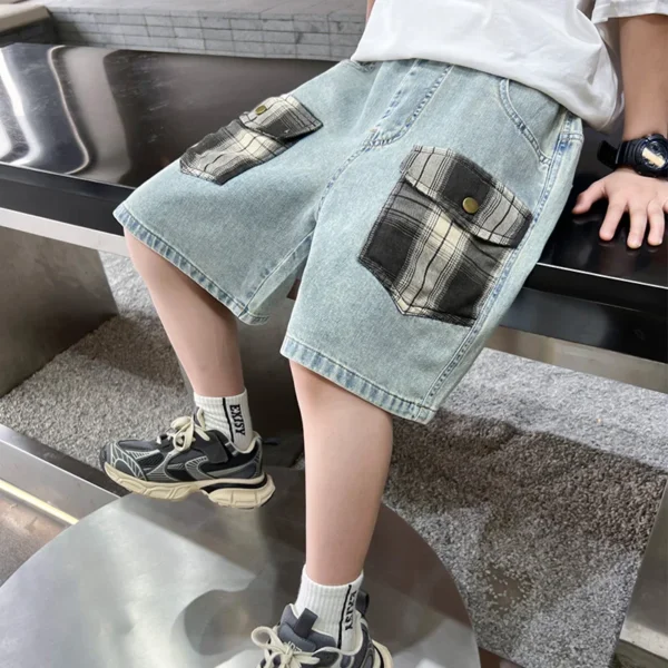 2025 New Kids Child Unique Designer Summer Denim Shorts with Plaid Pocket for Teens Boy Casual Jeans Cargo Shorts 5 7 9 11 13 14 - Image 2