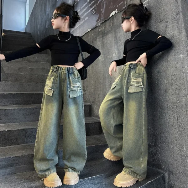 American Girl Spring Ripped Jeans High Street Jeans Pants For Child Retro Blue High Waist Slim Denim Trousers For Teens Kids - Image 5