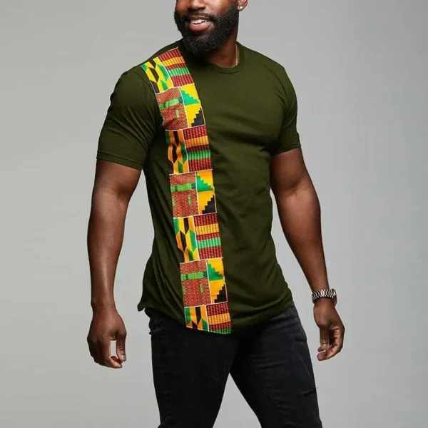 African kente T shirt patchwork color print top wear mens Ankara style panel tees o neck Kitenge for men short sleeves Black - Image 3