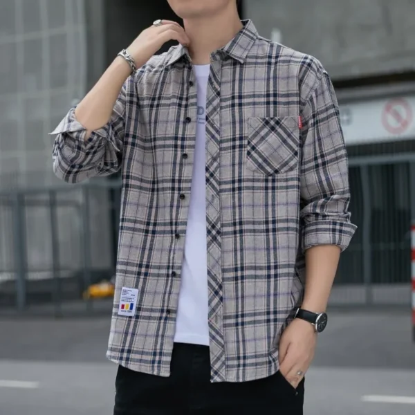 Spring New Casual Men's Flannel Plaid Shirt Brand Male Business Office Checkered Long Sleeve Shirts Clothes - Image 3