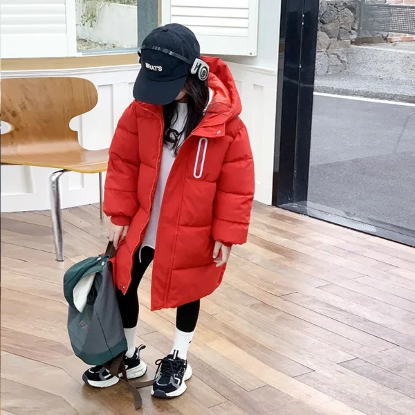 2024 Winter New Girls Jacket Long Solid Color Thick Keep Warm Hooded Down Outerwear For 3-10Y Teen Girls Casual Cotton Windbreak - Image 4