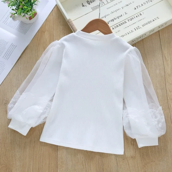 Girls Long Sleeve Cotton T-Shirt Spring Autumn White Blouse Bubble Sleeve Top Princess Elegant Lace Trim Thin Layering Shirt - Image 2