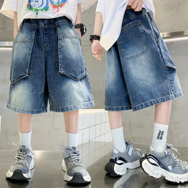 New Fashion Kids Child Unique Designer Summer Denim Shorts with Pocket for Teens Boy Casual Jeans Cargo Shorts 5 7 9 11 13 14 T