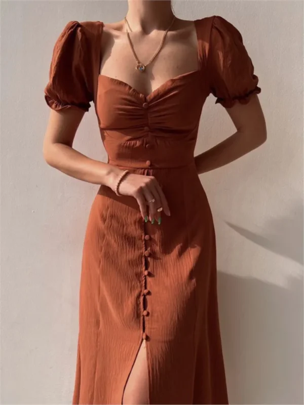 Fashion Solid Bodycon Dresses For Women Puff Short Sleeves Sexy Low Cut Slim Midi Dress Y2k Elegant Ladies Vestidos 2024 Summer - Image 3