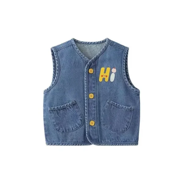Boys Girls Denim Vest Spring Autumn V-Neck Letters Print Sleeveless Jean Waistcoat Children Casual Jacket Outerwear