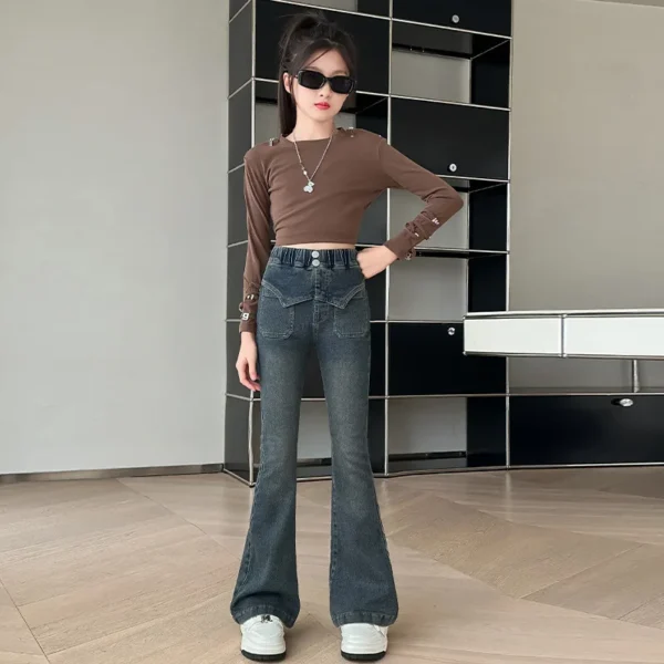 Girls' Spring and Autumn Jeans 2025 New Front Patched Flared Pants Teen Children's Denim Micro Flared Pants Kids Trousers - Image 4