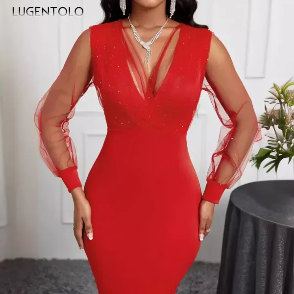 Women Midi Dress Summer Mesh Long Sleeves V-Neck Sequins Glamorous Sexy Hip Wrap Design Stylish Banquet Cocktail Party - Image 4