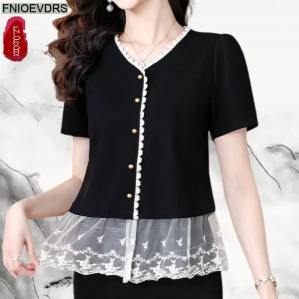 Office Shirts Basic Wear New Design 2025 Women Elegant Fashion Work Lady Summer Short Sleeve Black Lace Peplum Tops Blouses