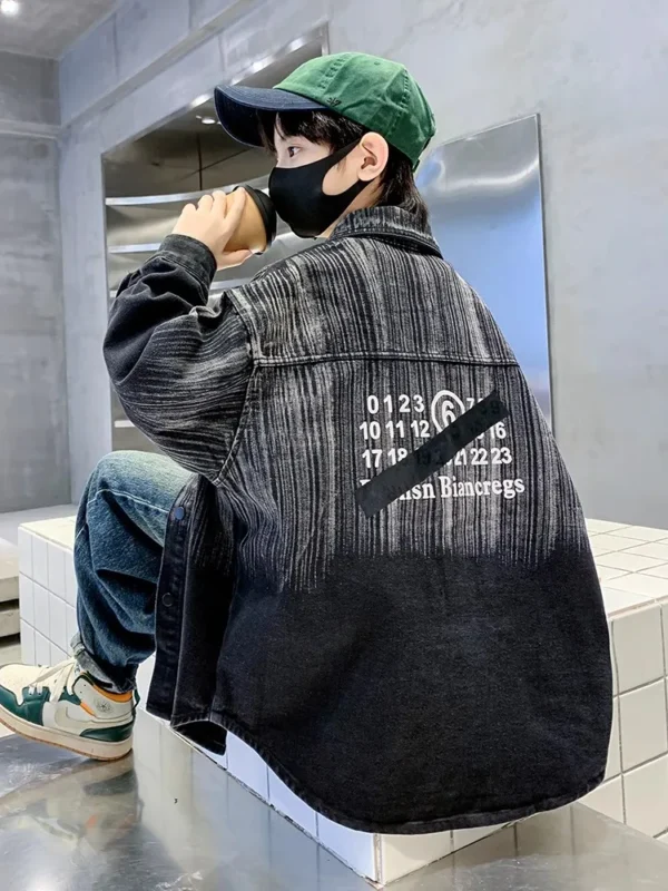 New Autumn Teenage Gradient Black And Denim Jacket for Boy Kids Streetwear Harajuku Jeans Coat Clothing Child Luxury Outfits - Image 4