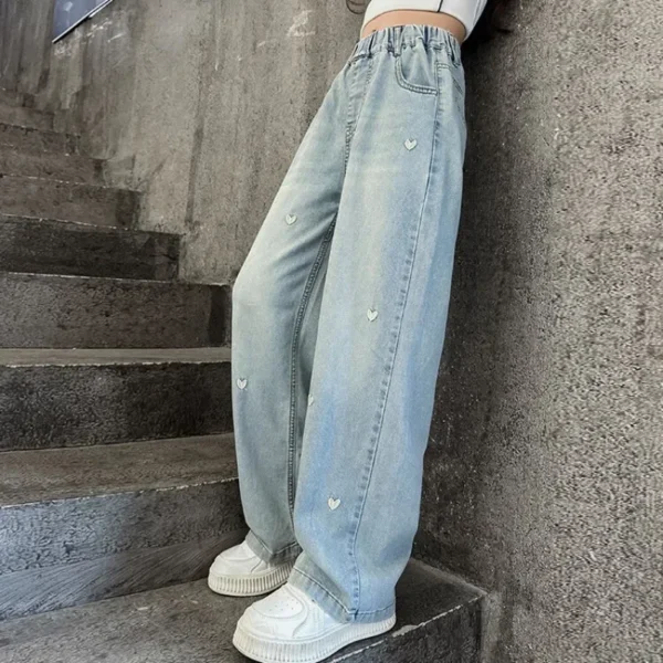 New 2025 Girls Loose Wide Leg Jeans Long Trousers Kids Fashion Heart Ripped Straight Leg Denim Pants Teen Spring Casual Clothing - Image 4