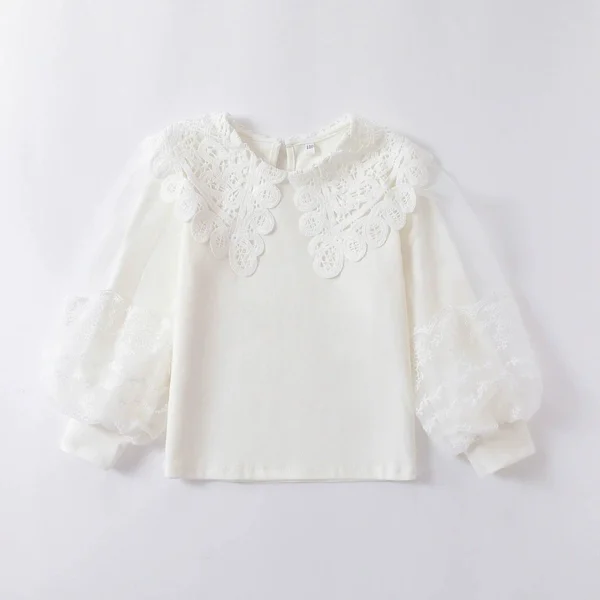 2025 Girls White Cotton T-Shirt Bubble Sleeve Blouse Floral Lace Collar Top Spring Layering Tee Princess Pure White Kids Shirt - Image 4