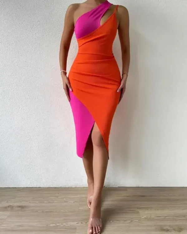 CPSYMYM Sexy Women's Dresses Summer Colorblock Patchwork Cutout One Shoulder Sleeveless Midi Bodycon Slit Dress