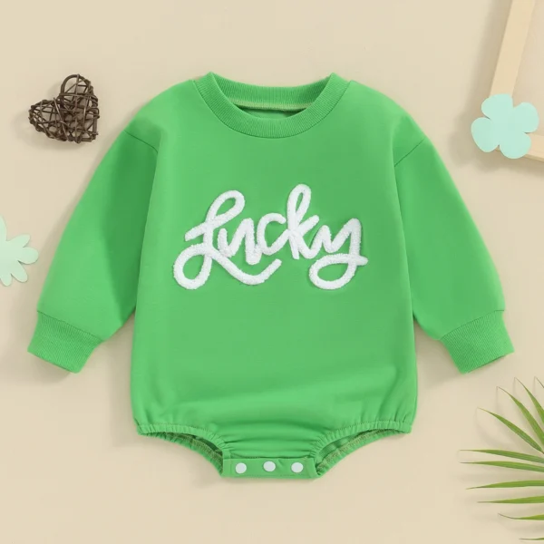 Baby Girls Boys Irish Day Romper Long Sleeve Crew Neck Letter Embroidery Casual Sweatshirt Romper St. Patrick 's Day Outfit