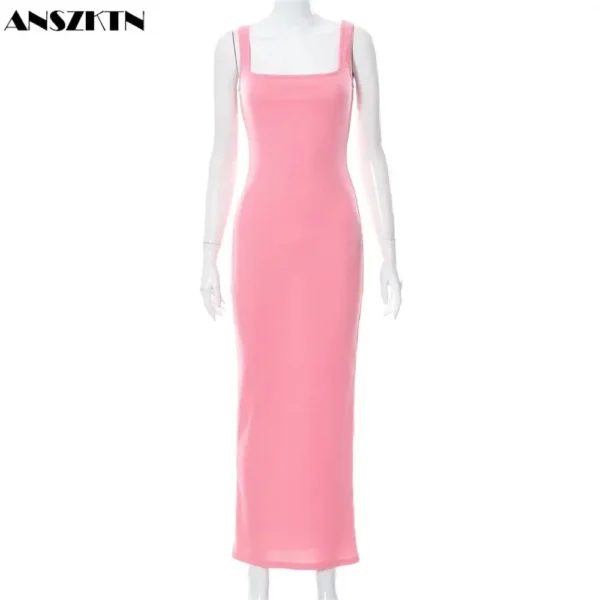 Ladies Maxi Dress Sleeveless Bodycon Solid Slim Fit Spring Summer Women Square Neck Casual Dresses - Image 5