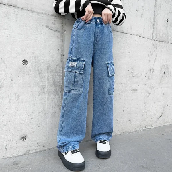 Fashion 2025 Cargo Jeans for Girls Spring Blue Pocket Hot Deals Teens Kids Cargo Pants Casual Straight School Children Trousers - Image 5