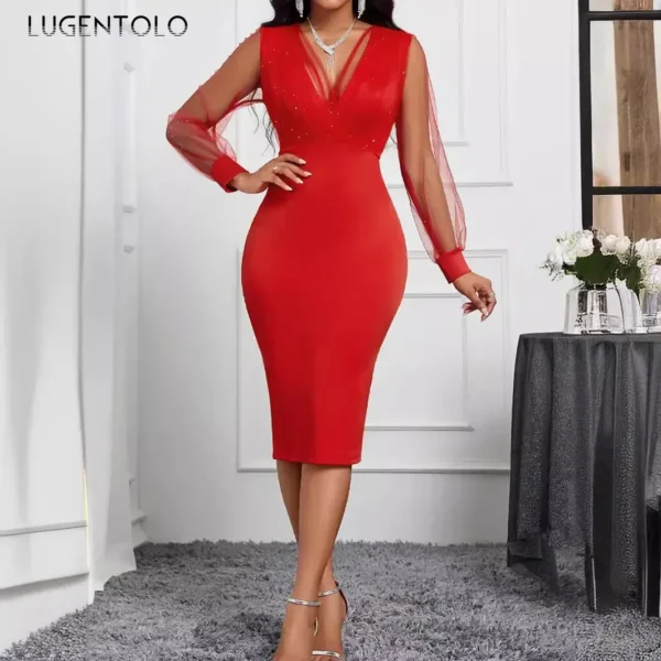 Women Midi Dress Summer Mesh Long Sleeves V-Neck Sequins Glamorous Sexy Hip Wrap Design Stylish Banquet Cocktail Party - Image 3