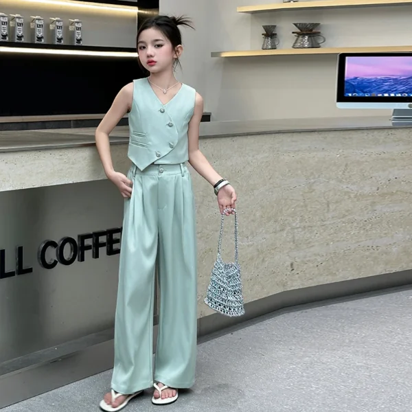 2025 Summer Girls Asymmetric Sleeveless Blazer Suit Teenager Two-Piece Set Formal Tops with Pants Fashionable Kids Occasion Wear - Image 5