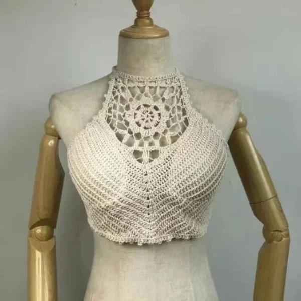 Woman Sexy Top Crochet Tank Tops Women Corset Femme Tanks Crop Camisole Fashion Knit Camis Built In Bra Back Lace Halter Neck - Image 6