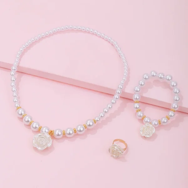 3pcs Set Cute Sweet Pearl Beaded White Camellia Flower Necklace Bracelet Ring for Girls - Image 3
