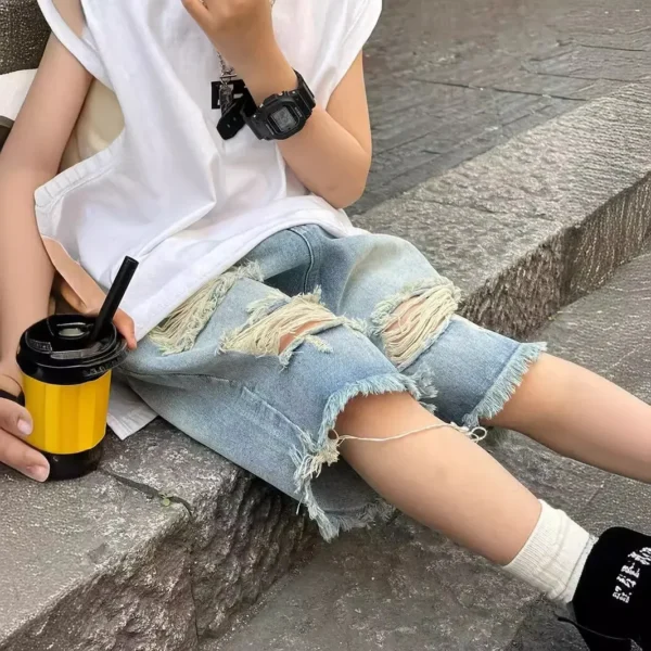 New 2025 Boys Summer Thin Denim Five-point Pants Kids Fashion Ripped Denim Shorts Trousers Teen Casual Jeans Children's Clothing - Image 2