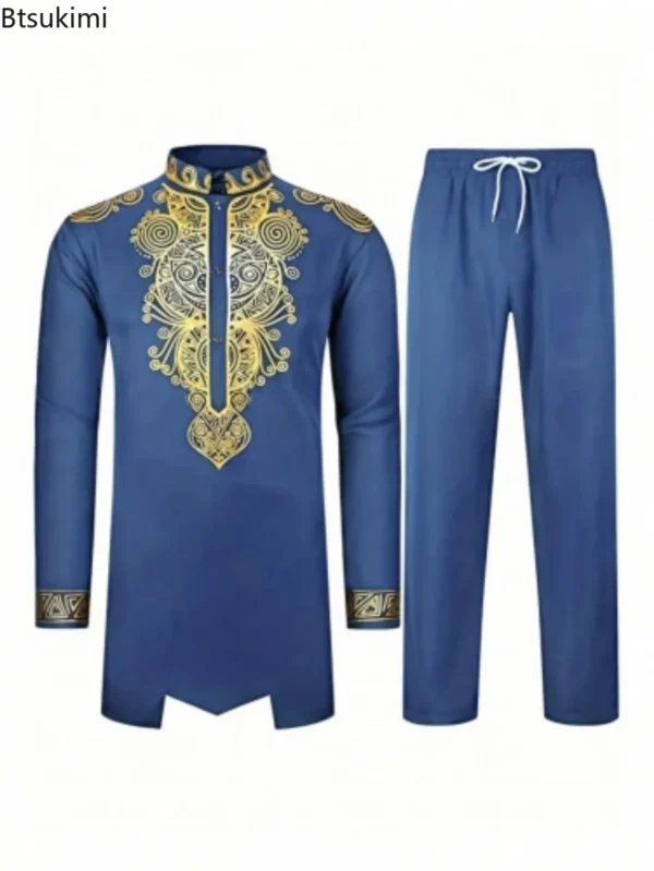 2025 African Men's Casual Printed Two Pieces Fashion Stand Collar Gold Stamping Top and Pants Sets Men Ethnic Style Muslim Suits - Image 6
