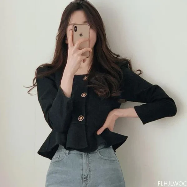 Ruffles Peplum Crop Tops New Design 2024 Spring Short Shirts Office Lady Women Cute Sweet Japan Girls Date Button Blouses - Image 4