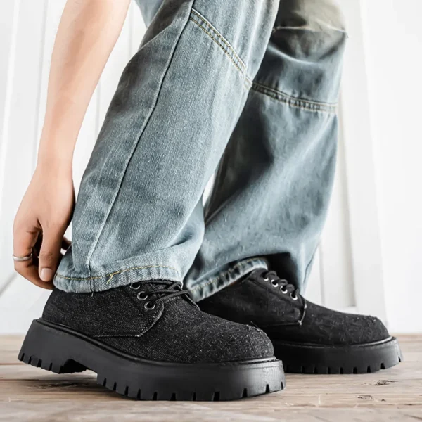 Botta Texana Masculino Fabric with Holes American Canvas Big Head Thick Sole Small Leather Shoes Hiking Boots Black Sneakers - Image 4