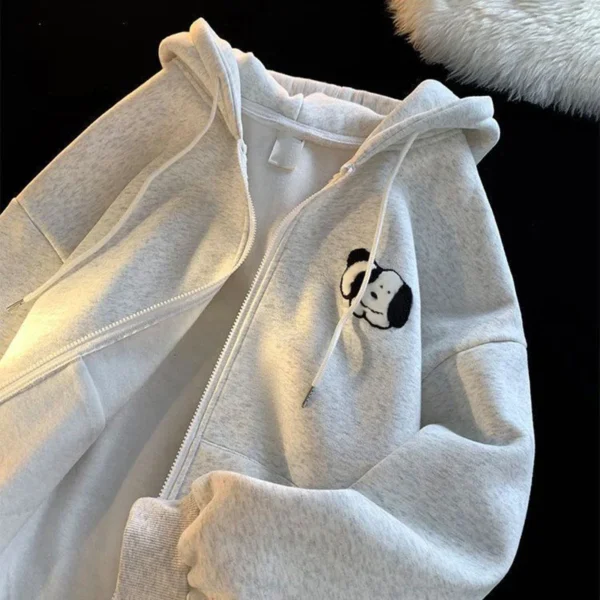 Gray Cartoon Puppy Printed Sweatshirts Zip Up Oversized Hoodies - Image 3