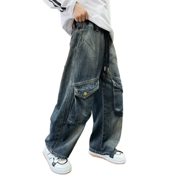 New Casual Straight Leg Cargo Jeans with Pocket for Teen Boy, Fashion Street Denim Pants, Elegant Trousers for Children & Teenag - Image 3