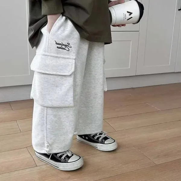 Black/grey Sweatpants Teen Boys Handsome Loose Straight Wide Leg Pants Streetwear Joggers Boys Pocket Casual Pants 2-12 Y - Image 3