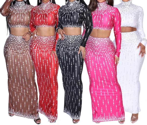 Women Printed two-piece Elegant Party Dresses Woman Long Sleeve Rhinestone Bodycon Maxi Prom Evening Vestidos Long Dresses HW86