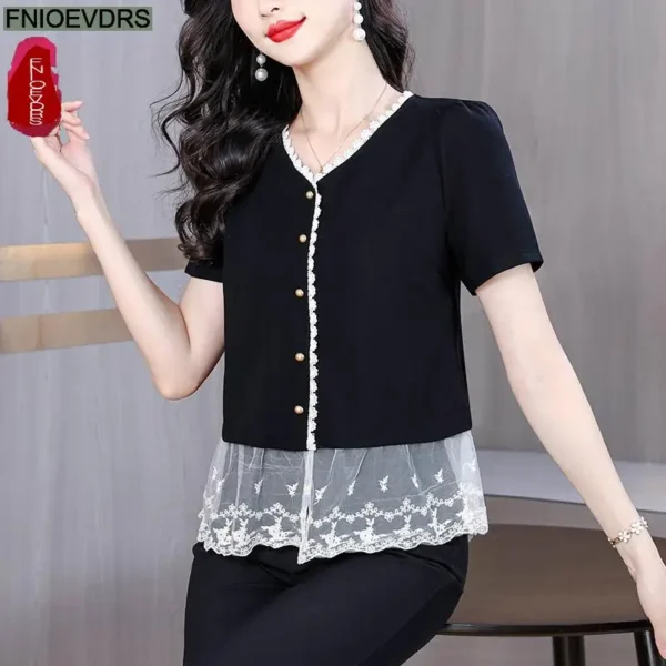 Office Shirts Basic Wear New Design 2025 Women Elegant Fashion Work Lady Summer Short Sleeve Black Lace Peplum Tops Blouses - Image 2