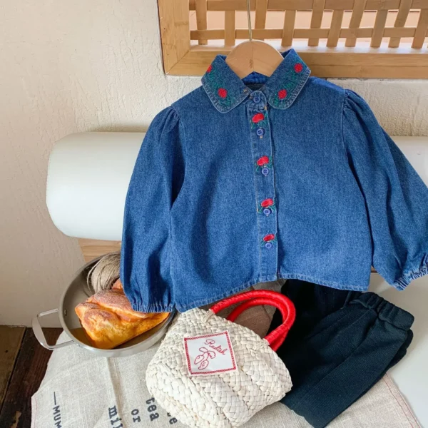 Korean Style Spring Autumn Baby Girls Denim Coats Blue Single Breasted Red Flower Print Toddler Cardigans Kids Outwear - Image 3