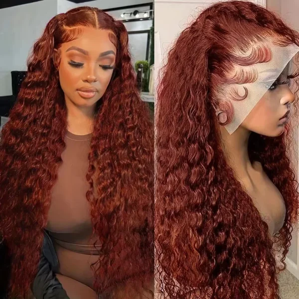 30 Inch 13x4 Deep Wave Reddish Brown Frontal Wig Water Wave Curly Lace Front Human Hair Wigs For Women Pre Plucked