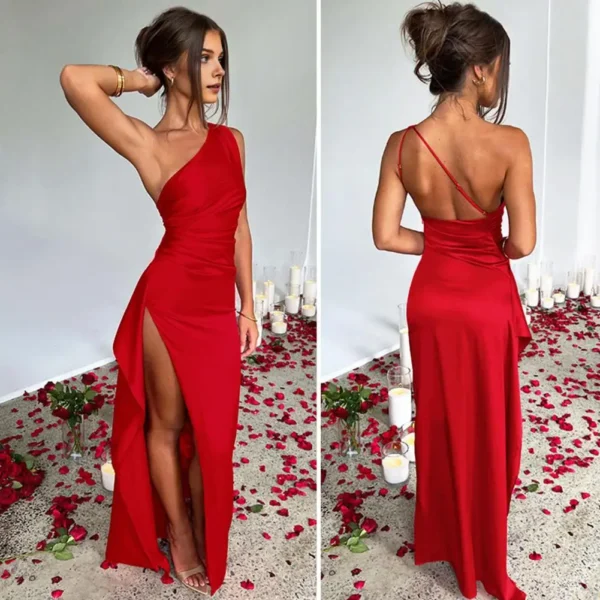 Women Dress High Waist Formal Dress Elegant One Shoulder Maxi Dress for Prom Cocktail Parties Solid Color Ball Gown with Pleated - Image 3