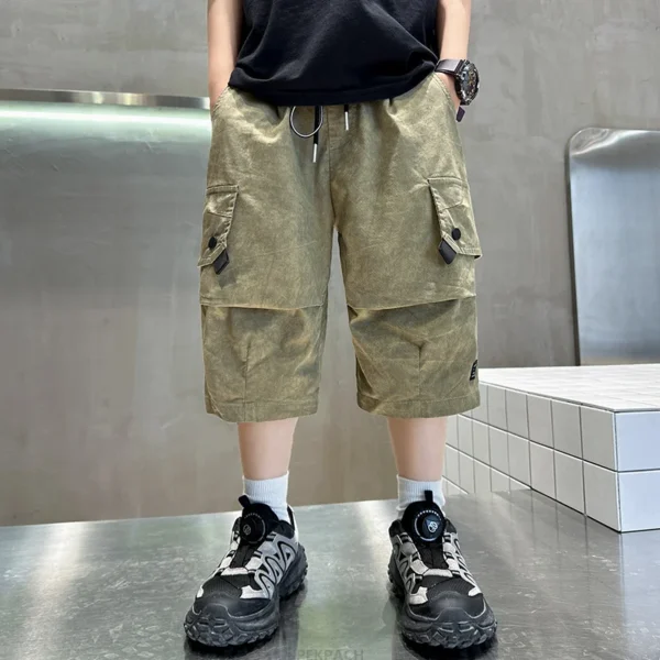 New Fancy Kids Summer Capris Shorts For Boys Slim Fit Cargo Shorts Teens Child Casual Khaki Color Mid-Calf Pants Elegant Bottoms - Image 2