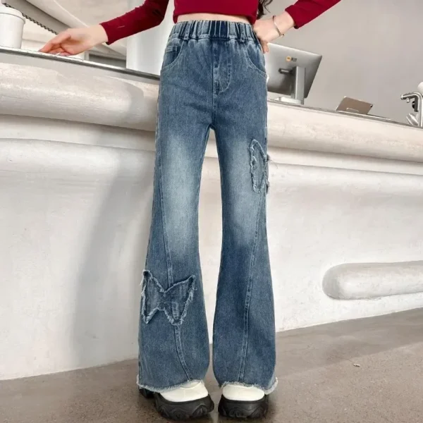 New 2025 Girls Loose Wide Leg Jeans Long Trousers Kids Fashion Heart Ripped Straight Leg Denim Pants Teen Spring Casual Clothing - Image 5