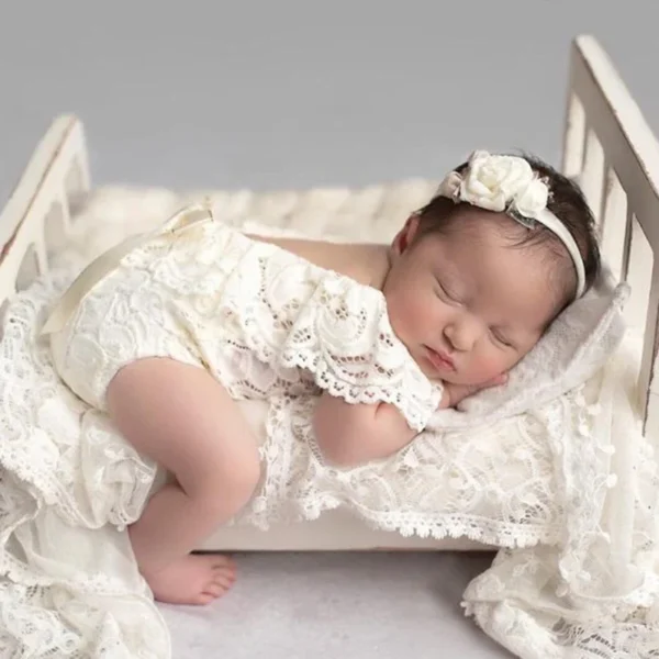 2 Pcs/Set 0-1Month Newborn Photography Props Baby Headband Lace Romper Bodysuits Outfit Baby Girl Costume Photo - Image 4