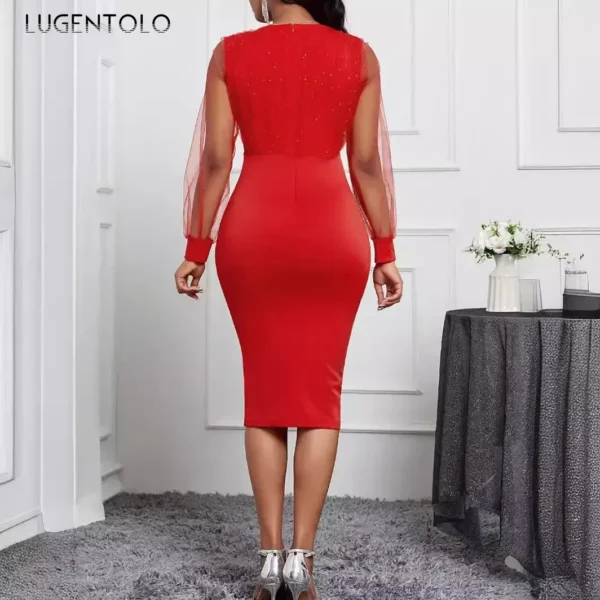 Women Midi Dress Summer Mesh Long Sleeves V-Neck Sequins Glamorous Sexy Hip Wrap Design Stylish Banquet Cocktail Party - Image 2