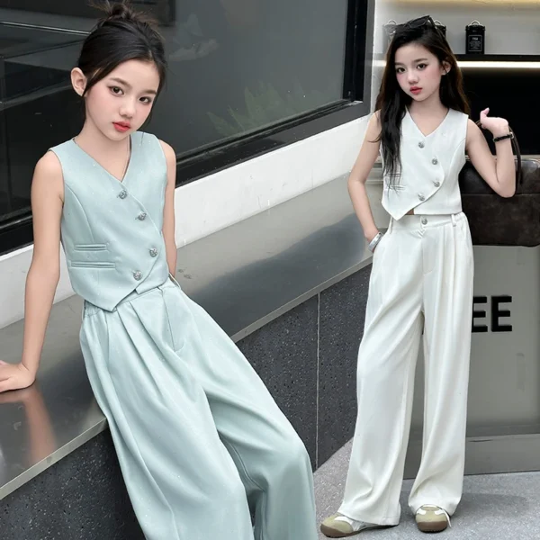 2025 Summer Girls Asymmetric Sleeveless Blazer Suit Teenager Two-Piece Set Formal Tops with Pants Fashionable Kids Occasion Wear - Image 2