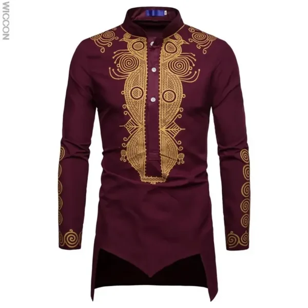 Ramadan men's long sleeve shirts fashion Muslim straight mid length printed T-shirts slim African clothing men's tops - Image 5