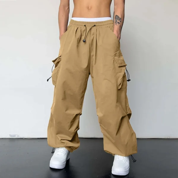 Mens Casual Waist Color Sports Hat Woven Pocket Foot Rope Solid Pants Street Cargo Tie Mens Cargo Big Size Oversized Trousers - Image 4