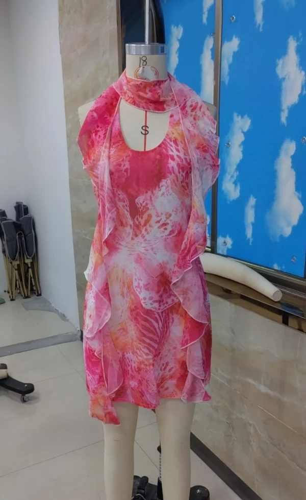 y2k Mini Dress for Women Sexy Backless Sleeveless Halter Neck Low V Neck Open Back Bodycon Sundress with Scarf Cocktail Party - Image 2